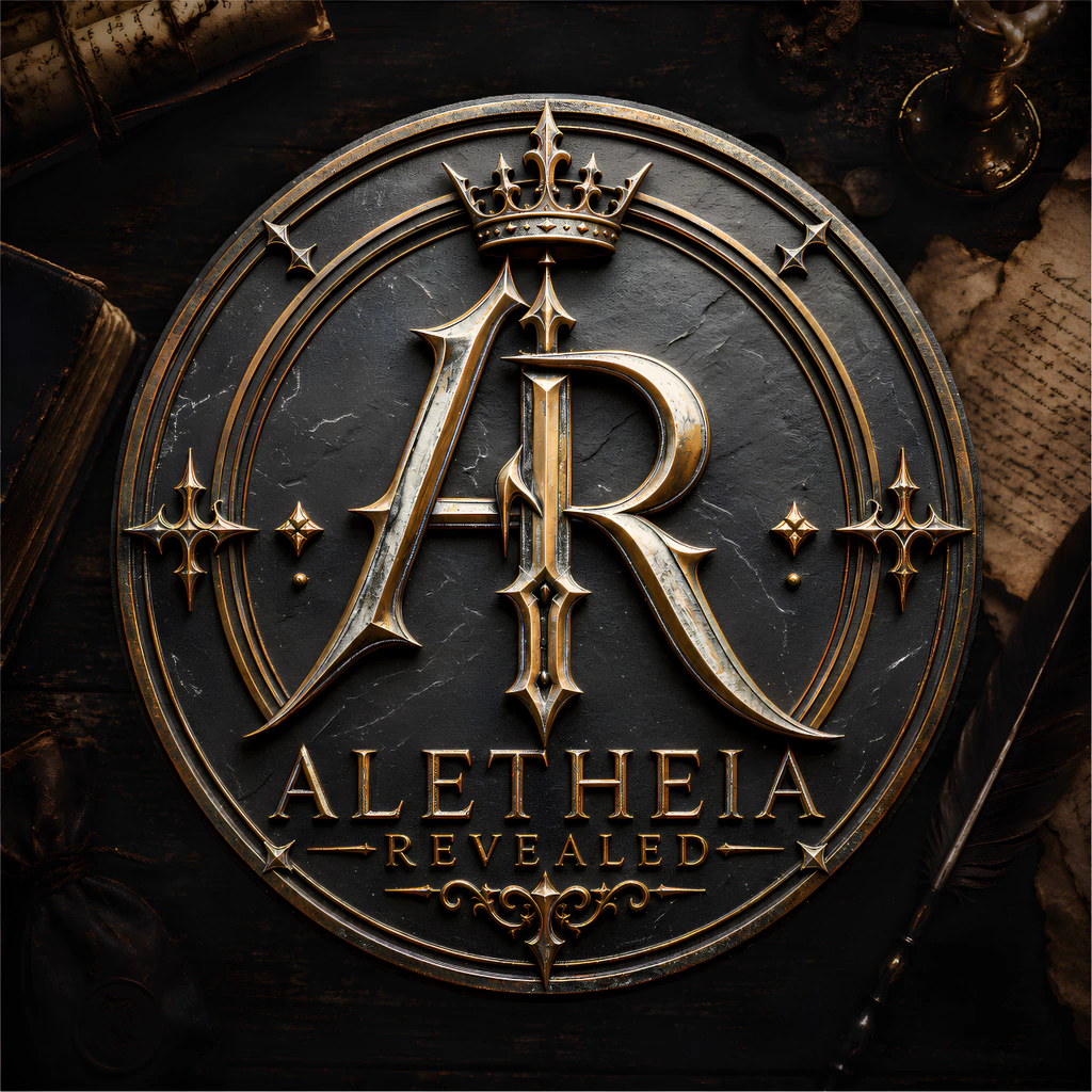 Aletheia Revealed crowned AR ministry seal on a desk with books, parchment, and a quill